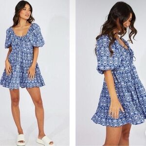 Zara Balloon Sleeve Fit N Flare Dress Skater Floral Blue & White Shirred Sz L